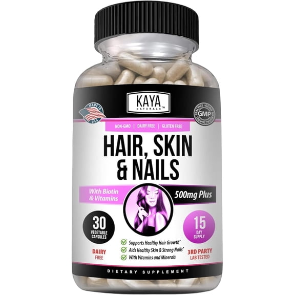 Kaya Naturals Hair Skin Nail Capsules with Biotin | Hair and Skin Vitamins, Vitamin D Vitamin B-12 A Folic Acid Support, Hair Support Vitamin Supplement for Hair Skin Nails- 30 Count Capsules