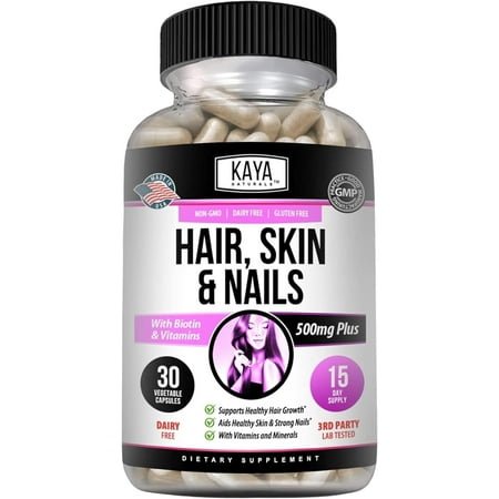 Kaya Naturals Hair Skin Nail Capsules with Biotin | Hair and Skin Vitamins, Vitamin D Vitamin B-12 A Folic Acid Support, Hair Support Vitamin Supplement for Hair Skin Nails- 30 Count Capsules