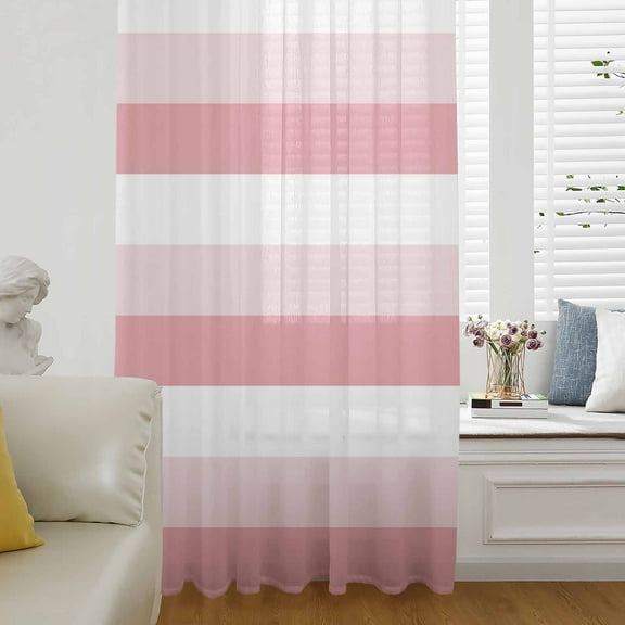 Pink White Striped Semi Sheer Curtains Drapes for Living Room, Bedroom, French Doors Window 72 Inches Long, Farmhouse Stripes Rod Pocket Chiffon Curtain Drapery Voile Draperies Panel