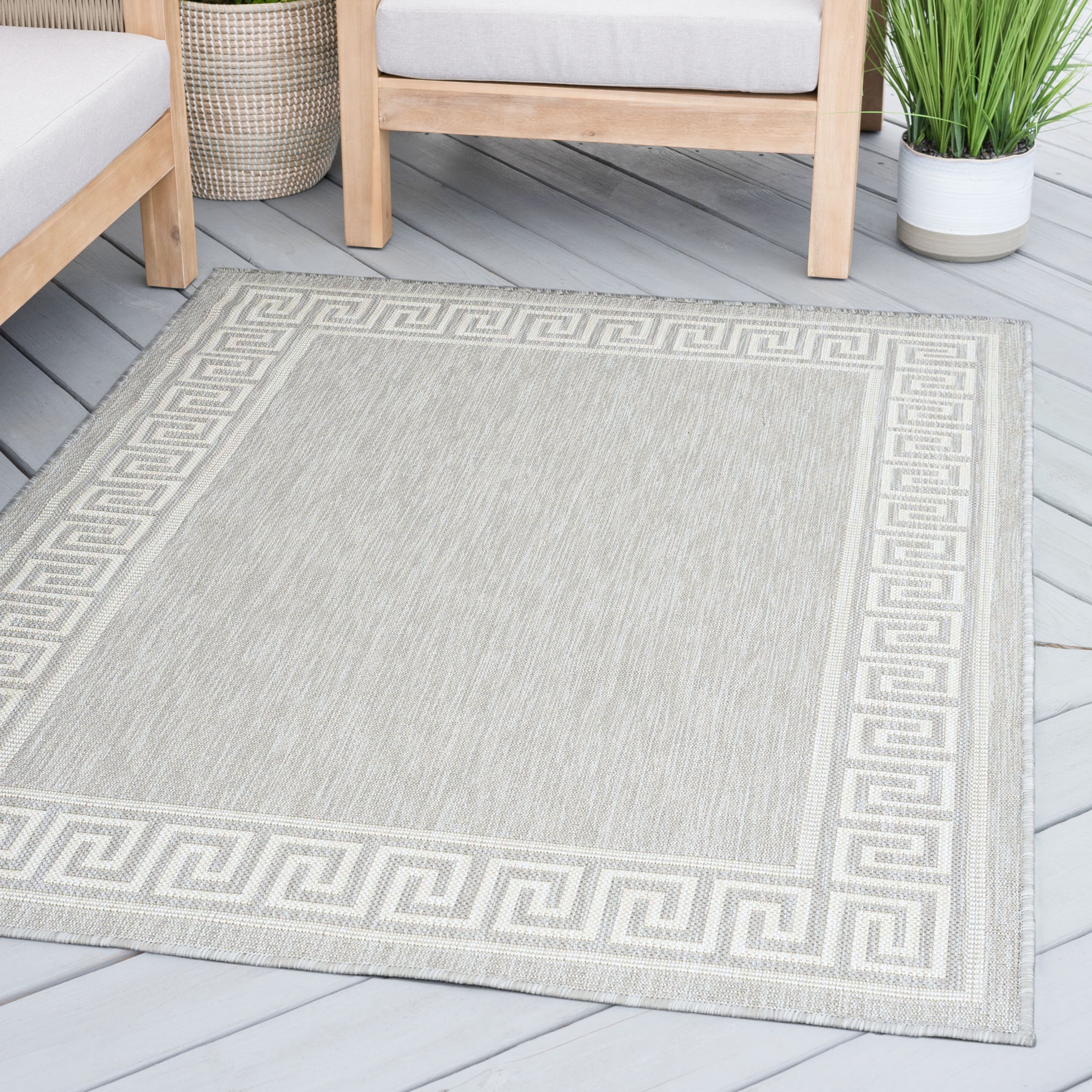 6ft Round Water Resistant, Indoor Outdoor Rugs for Patios, Front Door Entry, Entryway, Deck, Porch, Balcony | Outside Area Rug for Patio | Gray, Greek Key | Size: 5'3'' Round