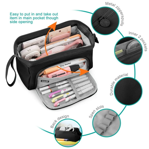 FUXINGYAO Estuche Para Lápices, Bolsa Para Lápices Multicompartimento, Bolsa Portátil Para Lápices (2101-big-BK