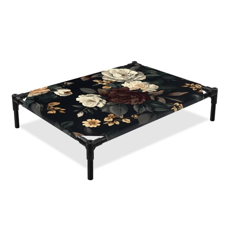 Vintage Black Floral Elevated Dog Bed Spring Seasonal Botanical Blooms Flower Farmhouse Cooling Breathable Outdoor Raised Dog Cot Bed with Metal Frame Non-Slip Feet for Medium Dog 24x20in