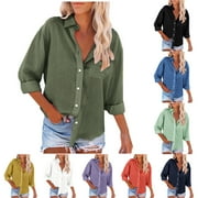 DAZAJOO Cotton Linen Button Down Shirts for Women Summer Casual Long Sleeve Lapel V Neck Tops with Pocket 2024 Womens Basic Solid Color Roll Up Sleeve Tshirt,Army Green,M