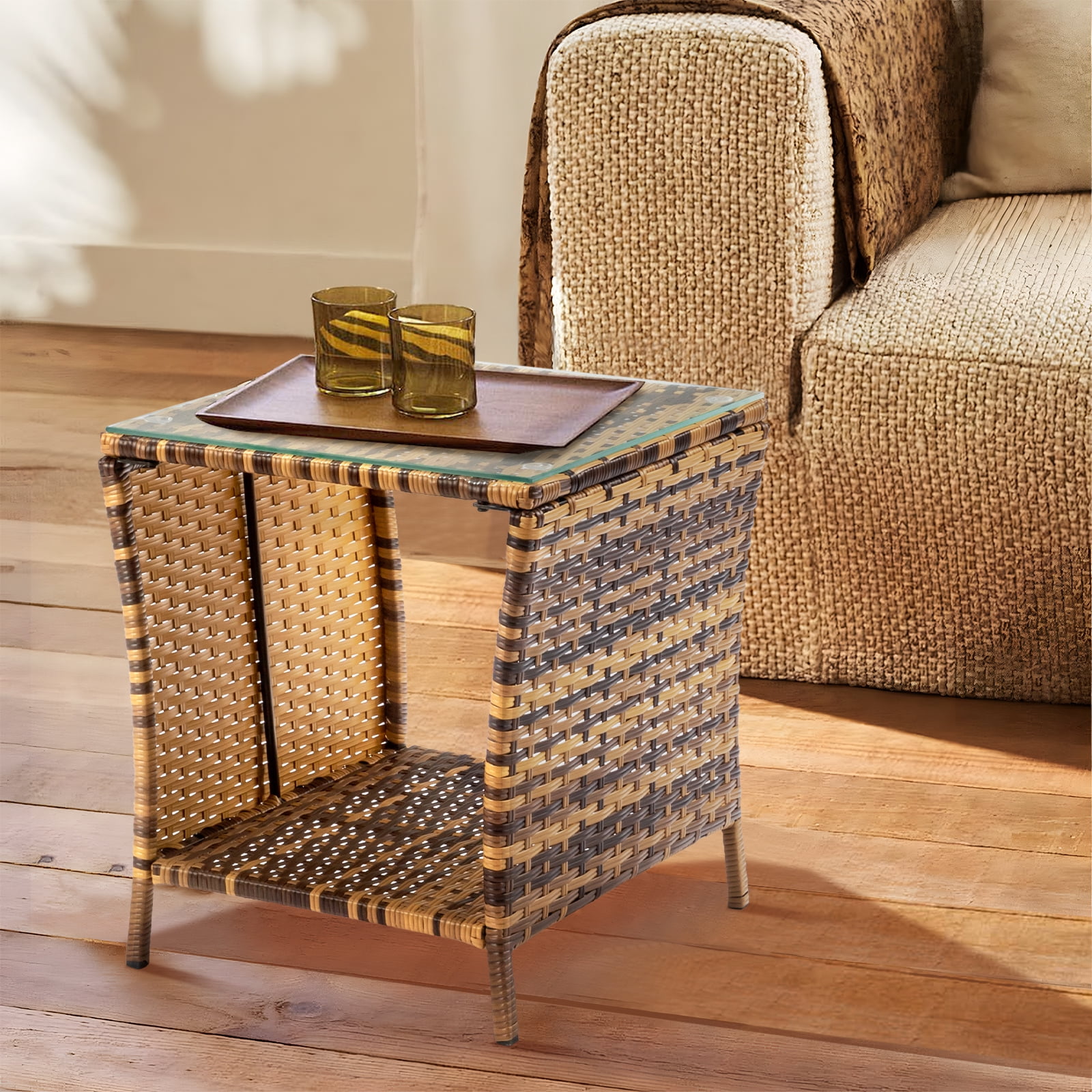 Yellow Gradient Rattan Side Table, Tempered Glass Top End Table with Iron Frame, Single Layer PE Cane Accent Table Easy Assembly for Living Room Bedroom Office Bathroom