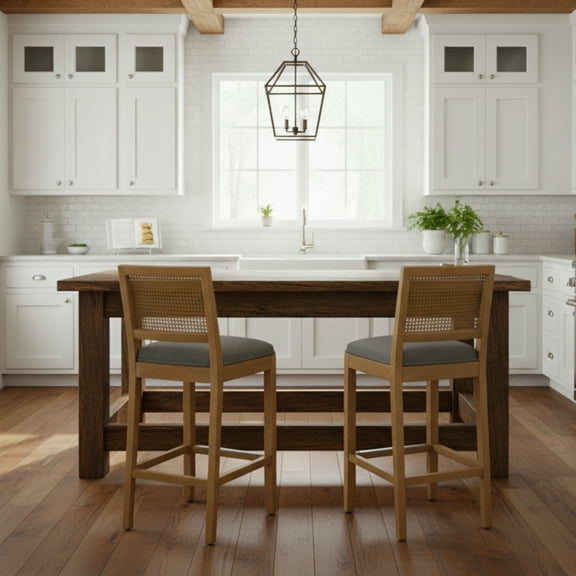 GOMYHOME Mid-Century Cane Back Wood Bar Stool, 27.9" Counter Height, Upholstered Seat