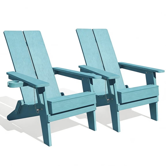Krikacy Upgraded Folding Adirondack Chair Set of 2 Weather Resistant Outdoor Lounge Chairs with Cup Holder HIPS Recyclable Plastic Morden Deck Chair for Porch,Backyard,Poolside,380 LBS,Teal Blue