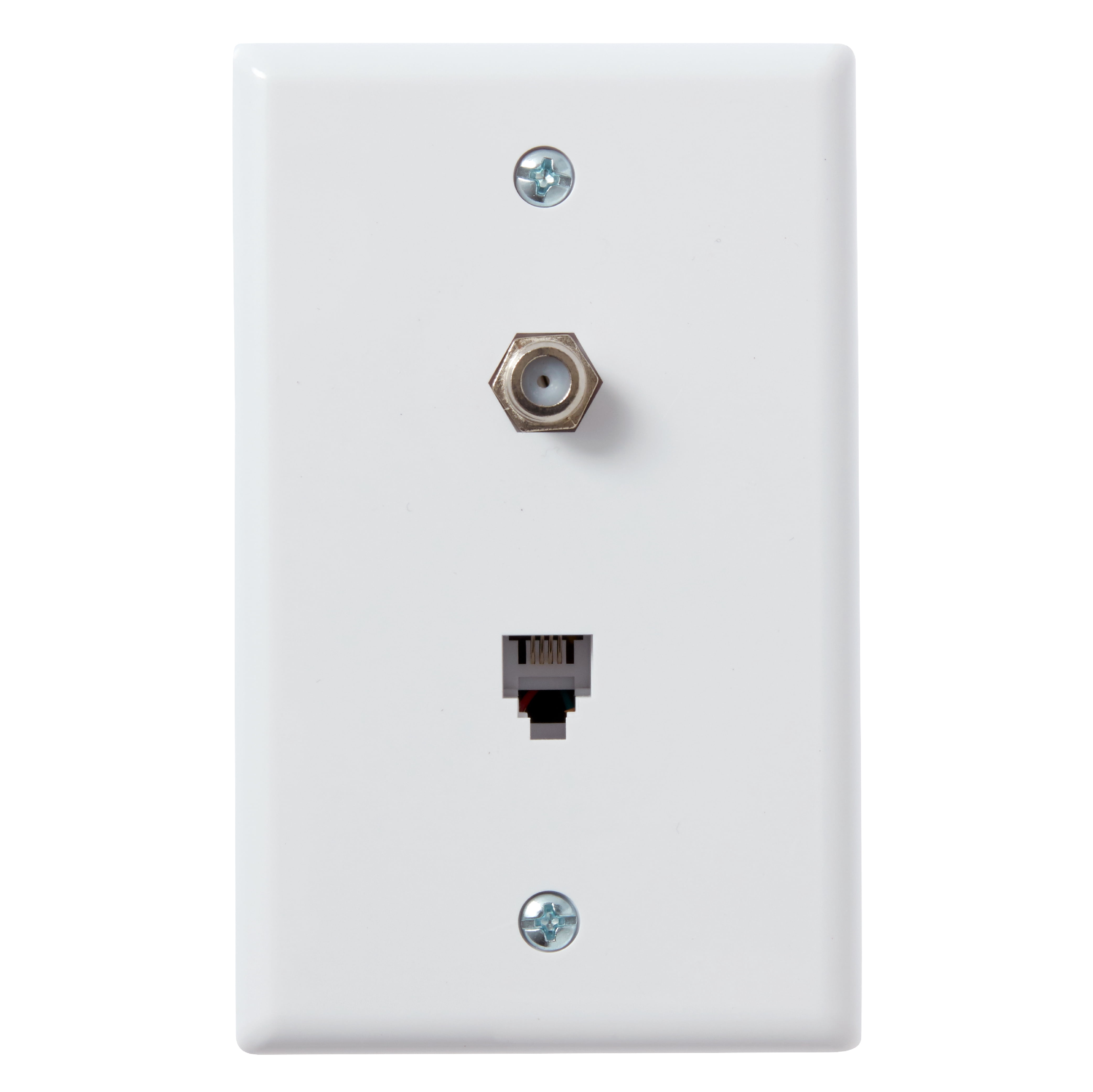 Newhouse Hardware Combo Phone/Video Jack Plate, Single Gang F-Type Coaxial TV Cable and 6P4C RJ11 Telephone Jack Wall Plate, White