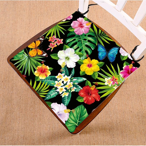 ABPHQTO Tropical Flowers Leaves Butterflies Chair Pad Seat Cushion