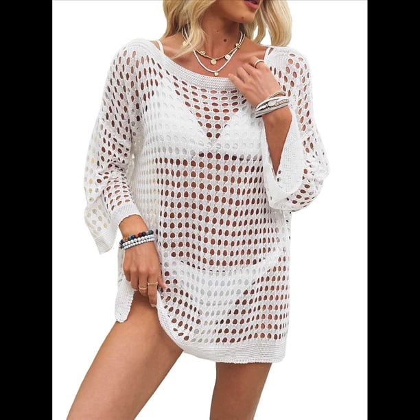 Vestido de Crochet de Gran Tamaño para Mujer, con Cuello y Aberturas, para Verano un Tamaño