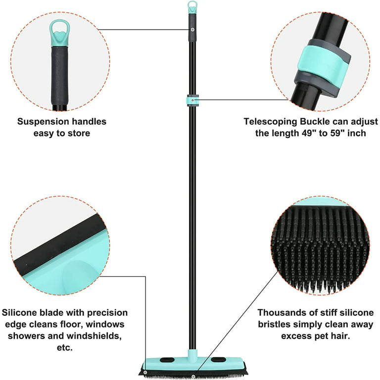 Rubber Broom with Squeegee and Adjustable Long Handle, Pet Hair and Fur  Remover, Carpet Rake and Floor Brush for Hardwood, Tile and Window