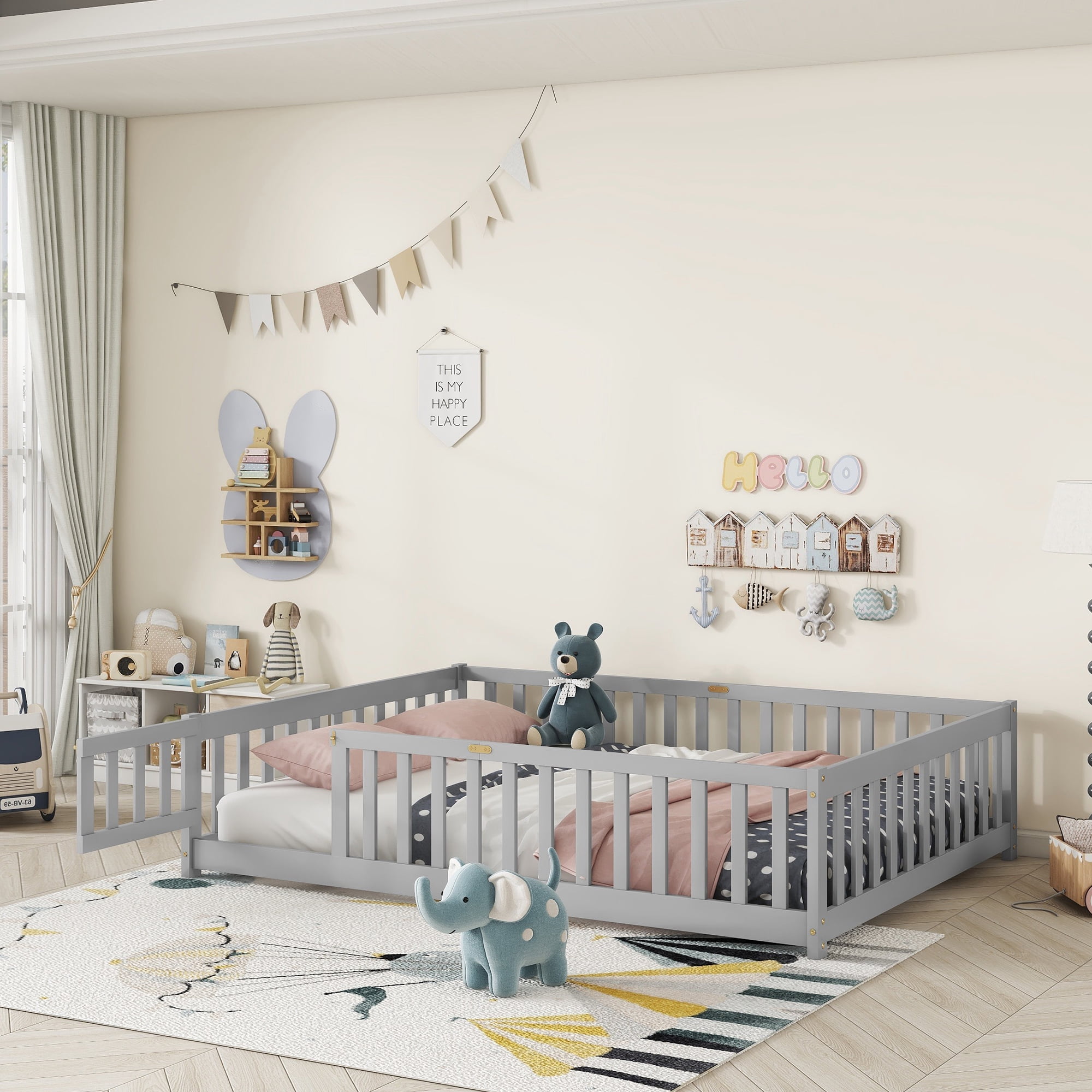 Alvantor Full Size Floor Bed for Toddler, Solid Wood Floor Bed with Door and Fence Guardrail, Montessori Floor Bed for Boys, Girls, Gray
