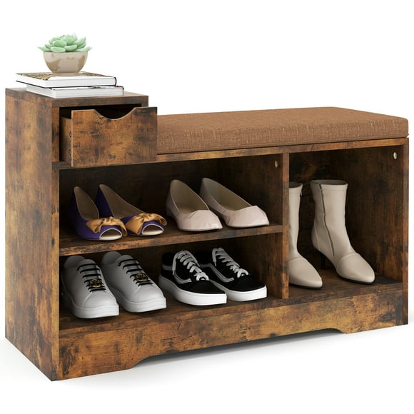 Topbuy Shoe Bench with Cushion Entryway Shoe Storage Bench with Drawer 2-Tier Shelf & Open Cubby Supports up to 330 Lbs