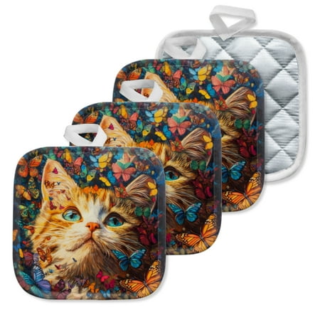 

4Pcs Pot Holder for Kitchen Orange And White Cat With Blue Eyes Composition Square Heat Resistant Hotpads 8x8in Non Slip Dirt-Proof Kitchen Cook Oven Potholders Machine Washable