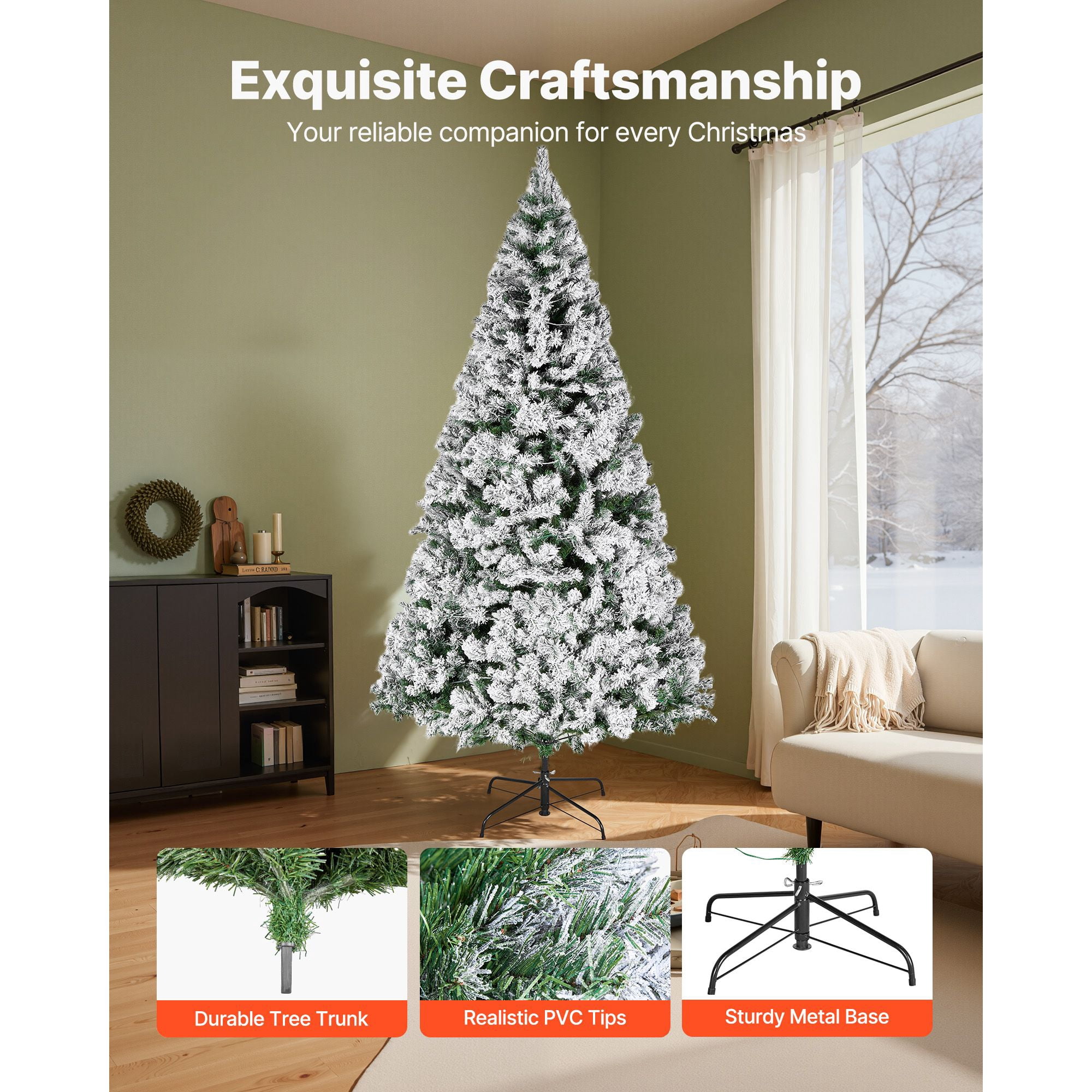 Christmas Tree, 7.2ft Prelit Flocked Artificial Tree, Full Holiday Xmas Deco Trees with 470 Colorful LED Lights, 11 Lighting Modes & 1346 Branch Tips for Home Party Office Decoration