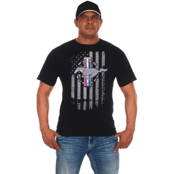 JH Design Group Men's Ford Mustang Distressed American Flag T-Shirt