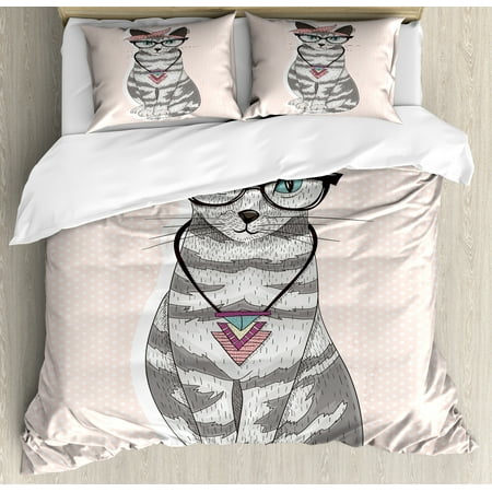Teen Room Duvet Cover Set Stylish Kitty Cat With Glasses Tribal