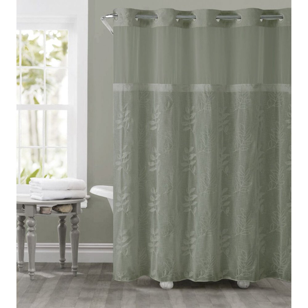 Hookless Moss Green Palm Leaves Polyester Shower Curtain