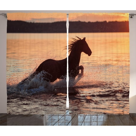 - Equestrian Curtains 2 Panels Set, Horse Sea at Sunset Time Horizon Speed Exotic Nature Animal Picture Art, Window Drapes for Living Room Bedroom, 108W X 63L Inches, Salmon Dark Brown, by Ambesonne