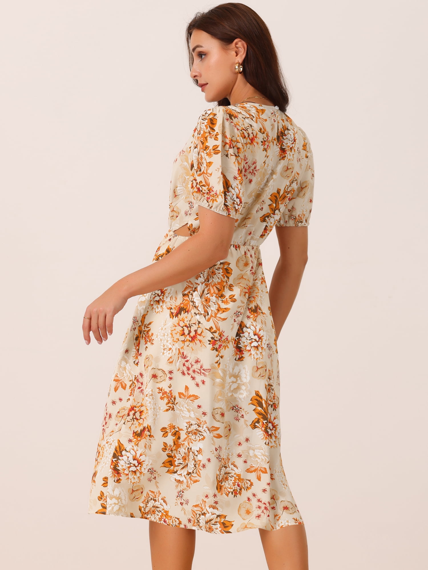 DARING DIVA Women's Puff Sleeve Cutout Waist Midi Floral Dress with Pockets L Orange