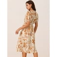 thumbnail image 4 of DARING DIVA Women's Puff Sleeve Cutout Waist Midi Floral Dress with Pockets M Orange, 4 of 5