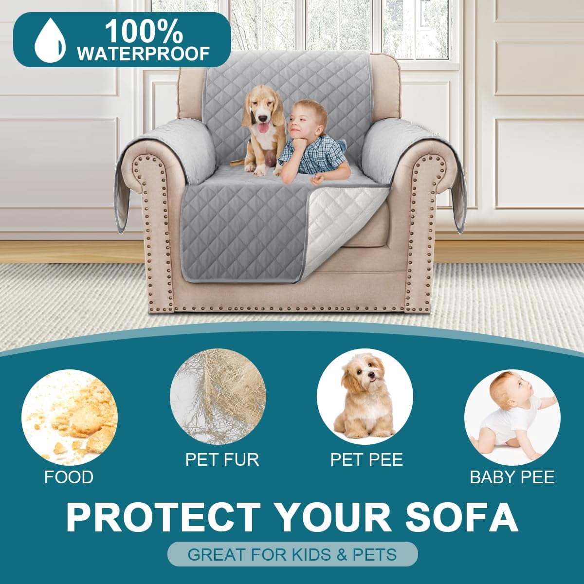 Recliner Chair Covers, 100% Waterproof Sofa Covers Chair Cover Slipcover Couch Protector Triple Non-Slip Sofa Slipcover for 1 Cushion Furniture Protector for Pets, Kids, Dog (23", Dove Gray)