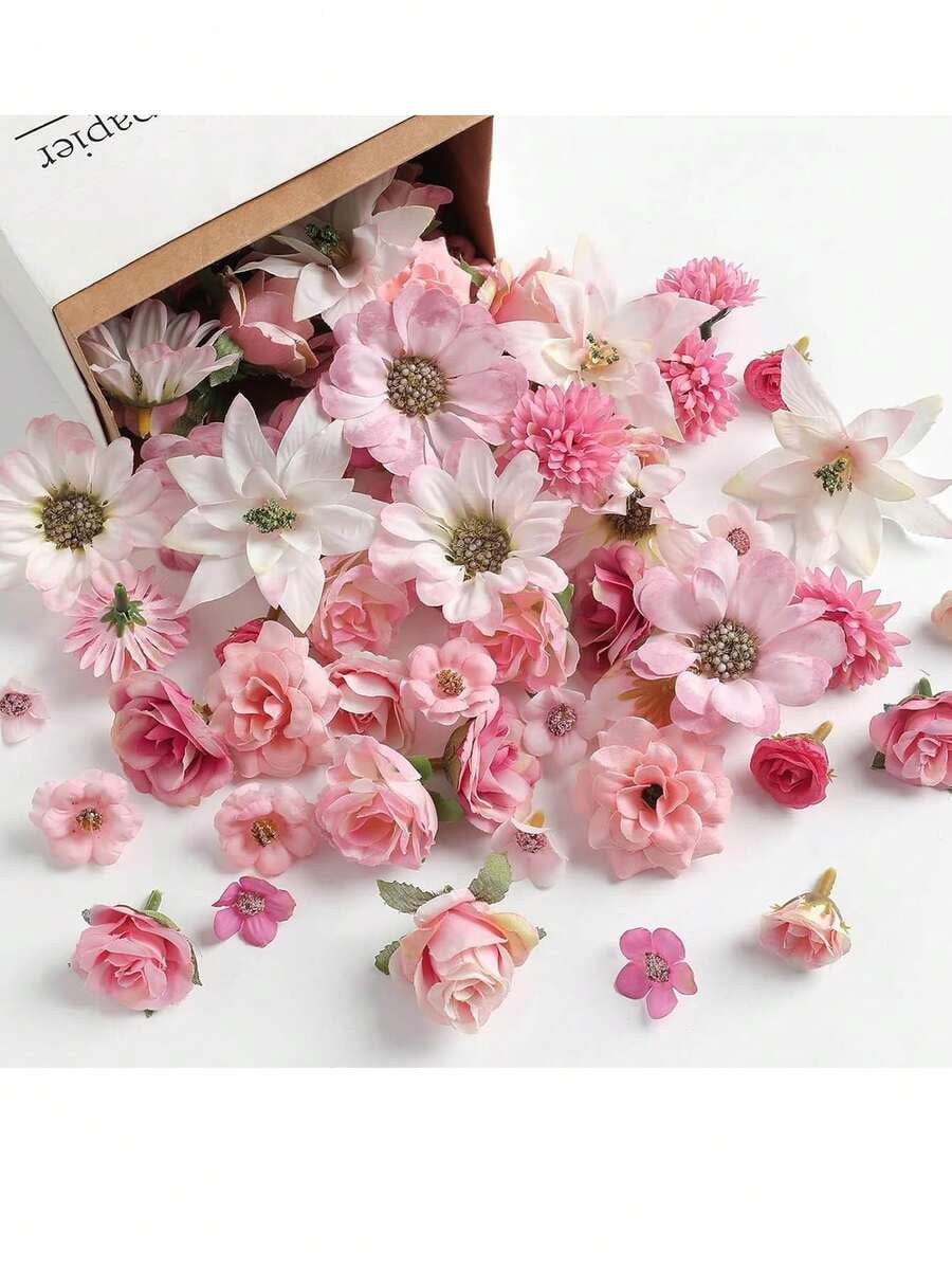 80pcs Pink Mini Artificial Flower Heads, Silk Artificial Plum Blossom Heads, Fake Peony Rose Daisy Flower Heads, For DIY Wreath,Cake,Wedding,Party,Graduation, Hat, Shoes,Vase Decor, Autumn Decoration