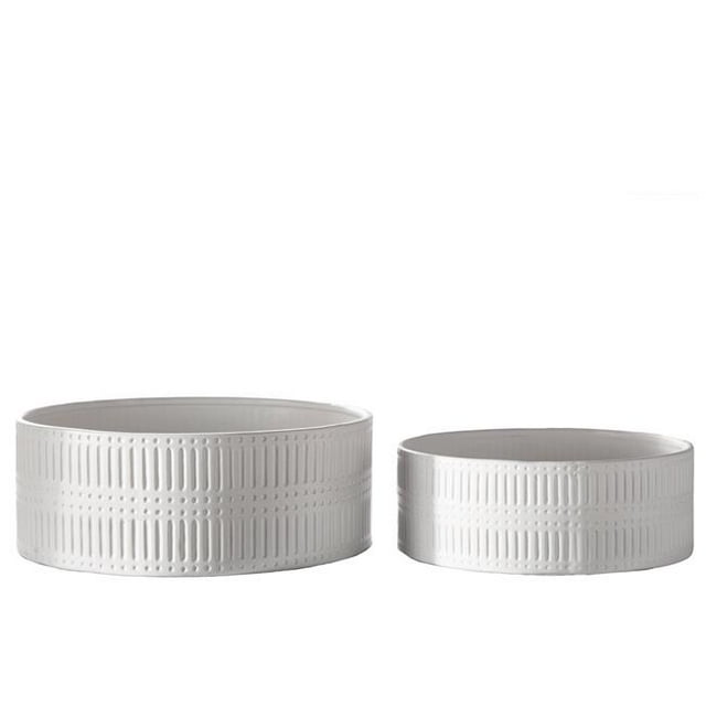 Urban Trends Collection 50219 Ceramic Round Wide Bowl with Engraved Column Pattern Design Body, Matte White - Set of 2