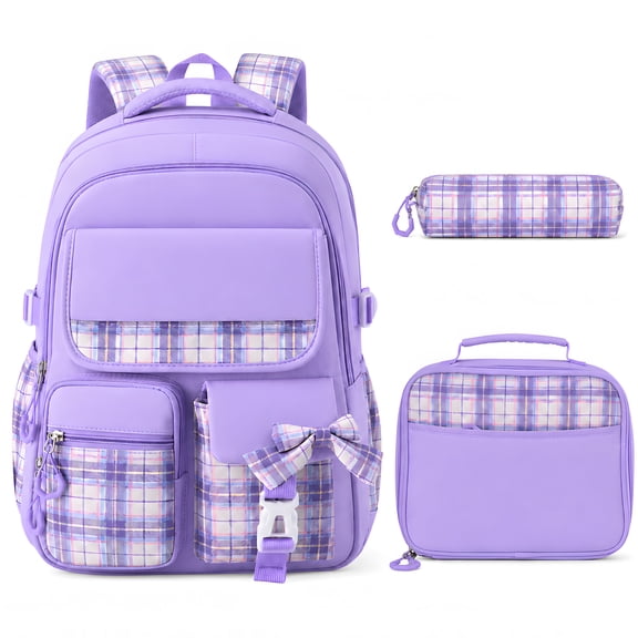 Soda Candy 3 in 1 Kids Backpack Set Plaid Bow Design Water Resistant School Girls Bookbag with Lunch Bag Pencil Case
