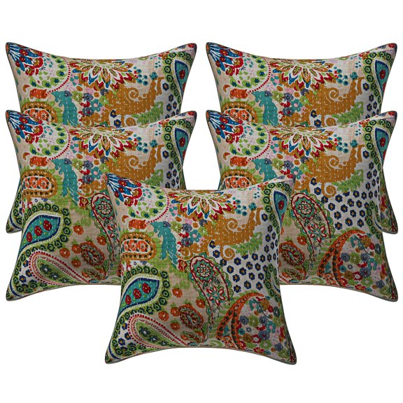 Stylo Culture Ethnic Sofa Throw Pillow Covers 16x16 Floral Kantha Beige Printed 40cm x 40cm Home Decor Accent Pillowcase Cotton Paisley Square Cushion Covers | Set Of 5