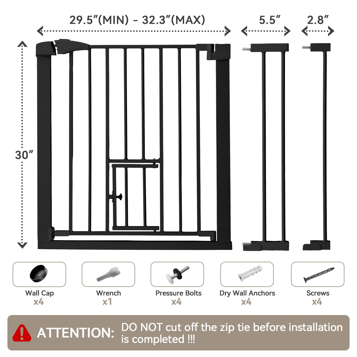 Pet Safety Gate, 29.5''-40.5''Wide Pet Safety Gate with Cat Door, Black
