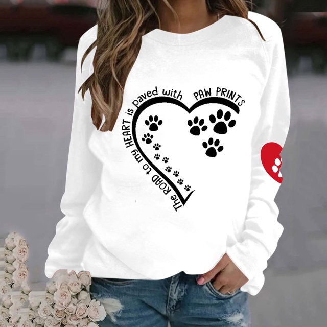 Fartey Chandails en Molleton Graphiques Cœur Patte Mignons pour Femmes Manches Longues Col Rond Chemises Amples Confortables Automne Ajusté Chandail Tops