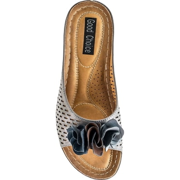 GOOD CHOICE Womens Gray Cut Out 1/2" Platform Flower Detailing Cushioned Glitter Juliet Round Toe Wedge Slip On Sandals 8 M