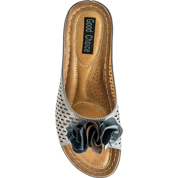 GOOD CHOICE Womens Gray Cut Out 1/2" Platform Flower Detailing Cushioned Glitter Juliet Round Toe Wedge Slip On Sandals 8 M