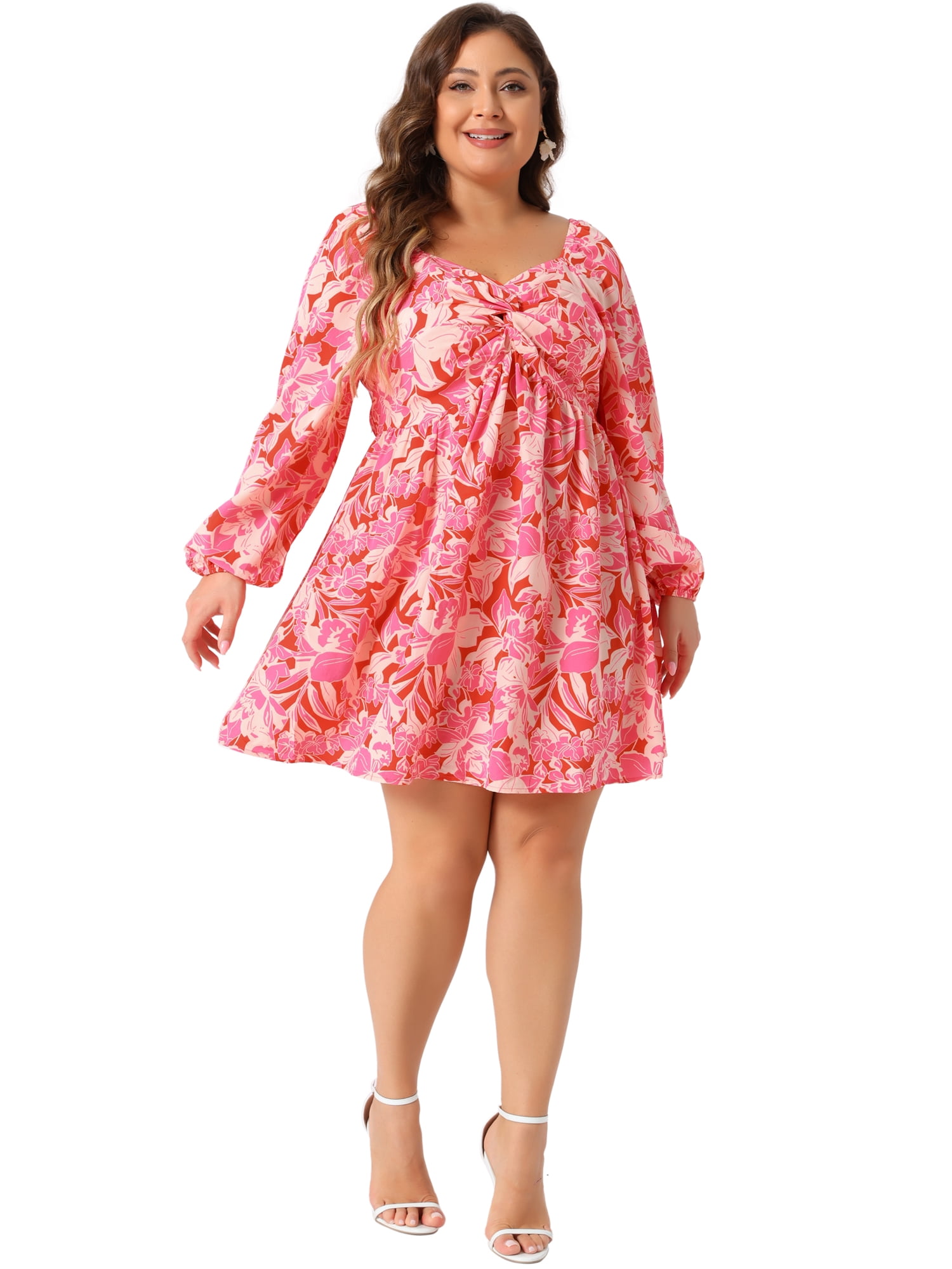 DARING DIVA Plus Size Sweetheart Neckline Puff A Line Floral Dress 4X Pink