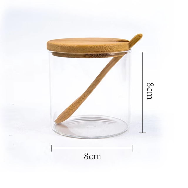 Tarro de vidrio transparente con tapa de bambú y cuchara de madera, lindo azucarero, bote de almacenamiento de sal de baño, recipiente para condimentos, bote para condimentos