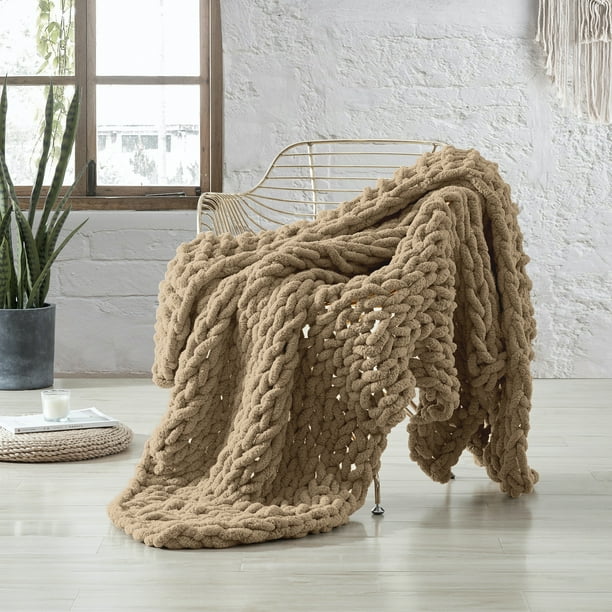 Modern Threads Hand Knit Chenille Chunky Knit Throw, 50" x 60", Taupe