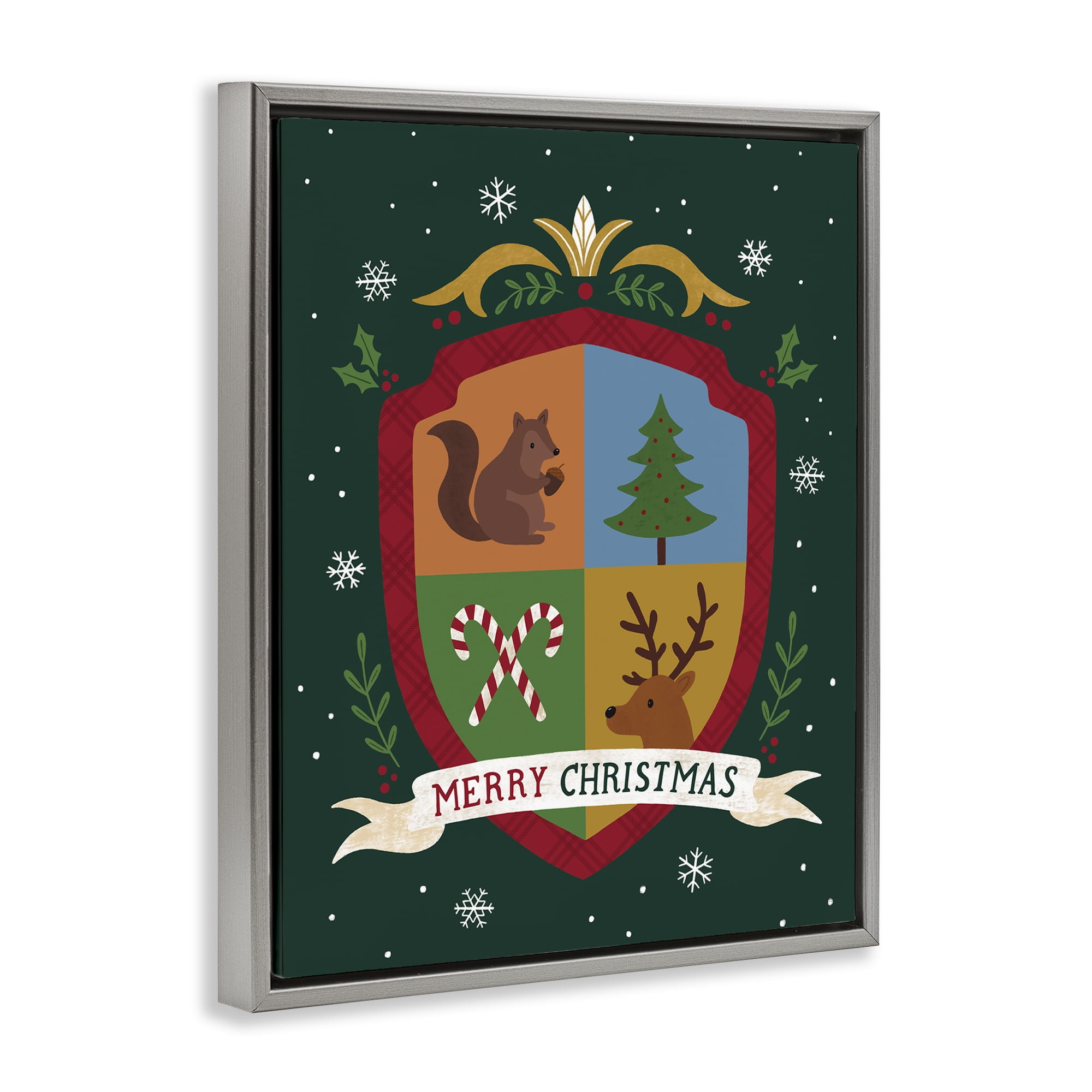 Stupell Industries Merry Christmas Woodland Crest Holiday Painting Gray Floater Framed Canvas Art Prints Wall Art, 17 x 21