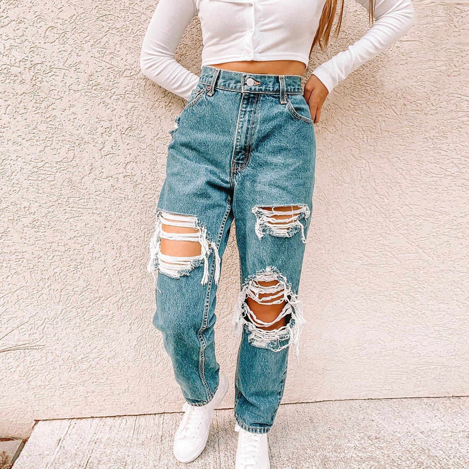 erfaring grundlæggende næve Women High Waisted Baggy Ripped Jeans Fashion Large Denim Pocket Elastic  Jeans - Walmart.com