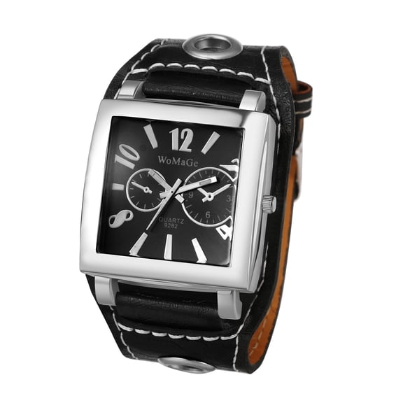 Avaner Men's Steampunk Leather Cuff Watch: PU Strap with Large Numeric Dial Square Analog Quartz Watch