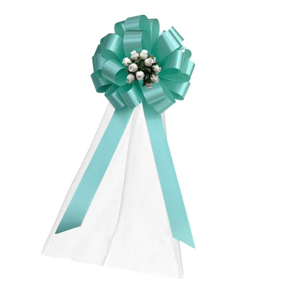 Bright Mint Pull Bows with Tulle Tails and Rosebuds - 8" Wide, Set of 6, Easter, Wedding Pew Bows, Christmas
