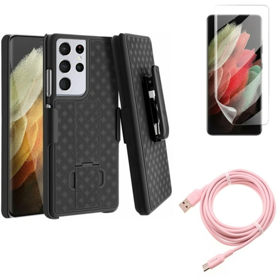 Case Belt Clip & 10ft Long USB-C Cable & Matte Screen Protector for Samsung Galaxy S21 Ultra Phone - Holster Swivel & Pink Charger Cord & TPU Film Anti-Glare Accessory Bundle