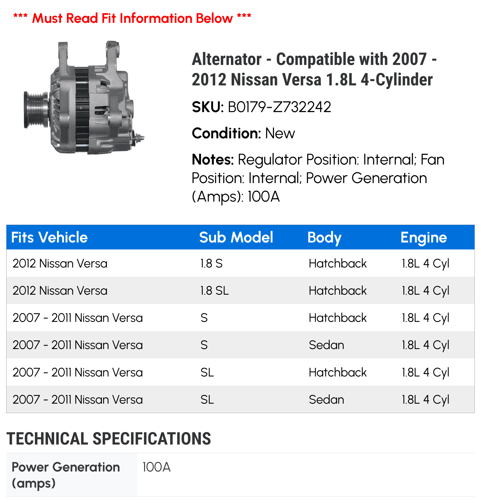 Alternator - Compatible with 2007 - 2012 Nissan Versa 1.8L 4-Cylinder 2008 2009 2010 2011
