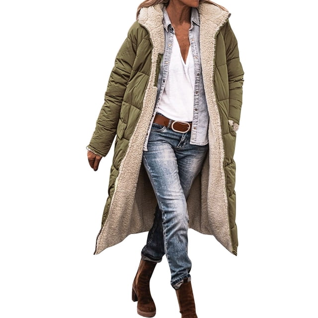 Kcodviy Veste Décontractée à Fermeture Éclair pour Femmes avec Poches en Polaire Manteau d'Hiver à Capuche Réversible Manteau de Neige Long pour Femmes