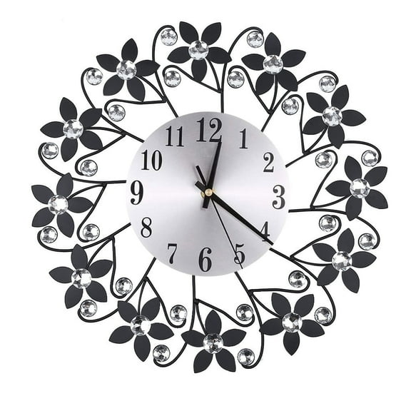Acahhotxx Wall Clock, 35cm European 3D Large Wall Clock Flower for Rhinestone Living Room - Black