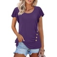 thumbnail image 2 of Ashirexll Summer Tops for Women, Solid Color Casual Button Pleated Round Neck Short Sleeve Shirts, 2 of 7