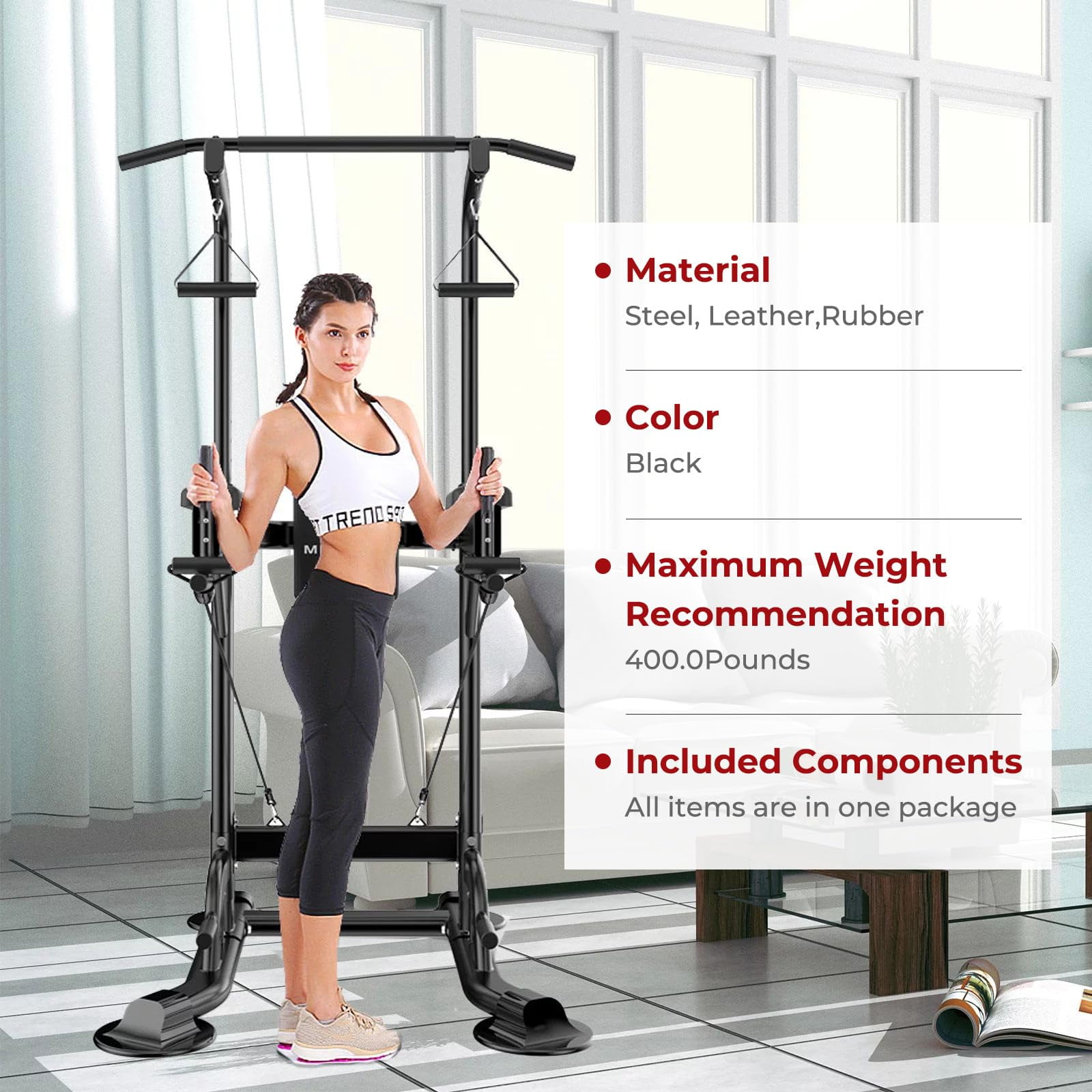 PROHIKER Power Tower Dip Station, Pull Up Bar Stand Power Rack with Backrest and Resistance Band, Height Adjustable Strength Training Equipment for Fitness Home Workout, Black