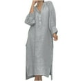 thumbnail image 2 of Roncen Women's Pure Color Cotton Linen Dress - Simple and Chic, Long Sleeve V-neck Ankle-length Dress for Everyday Polished​​, 2 of 6
