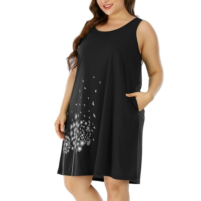 MAWCLOS Robe d'Été Femme Col en U Courte Mini Robes Sans Manches Robe T-Shirt Décontractée Vacances Imprimé Pissenlit Noir P