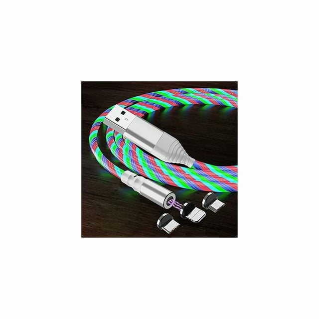 Magnetic Charging Cable for Micro USB / iOS / Type C Fluid LED Light, 3 in 1 1M Charger Magnetic Electric Wire 360 Rotary USB with LED Light for Phone - 3in1 & Irisation