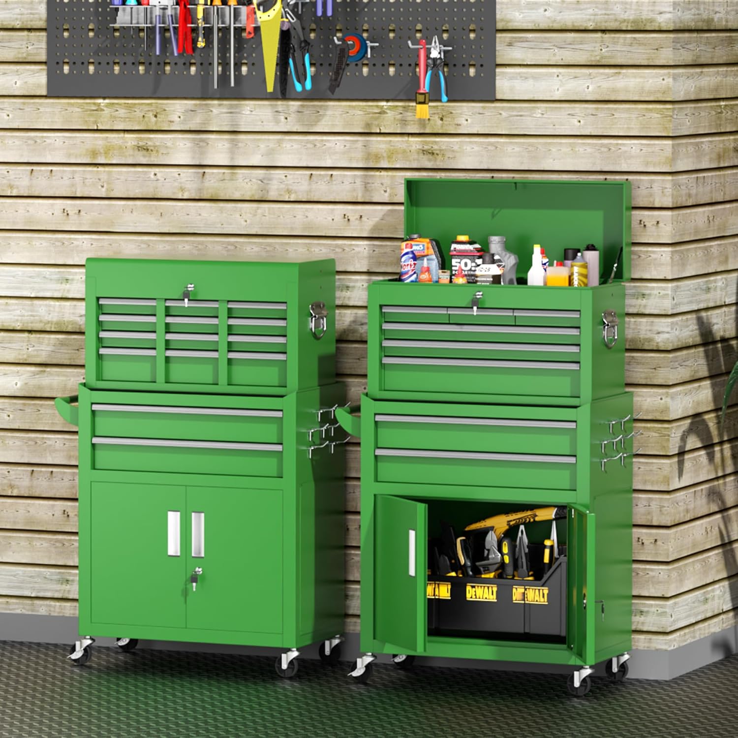 2-IN-1  Tool Chest & Cabinet, Large Capacity 8-Drawer Rolling Tool Box Organizer with Wheels Lockable, Green